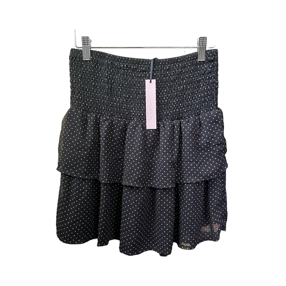 Black Pink Polka Dot Mini Skirt Tiered Ruffle Stretch Size S